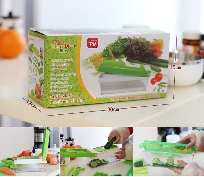 Secko Nicer Dicer Plus prikazan je kao alat za sečenje i rendanje namirnica.