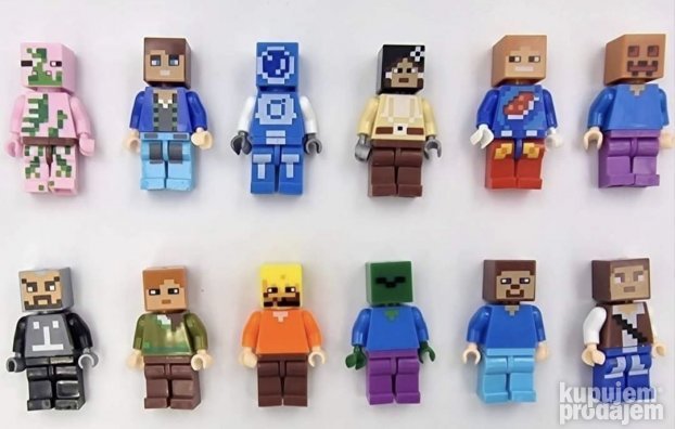 Minecraft figure iz kolekcije prikazane zajedno sa pratećim dodacima.