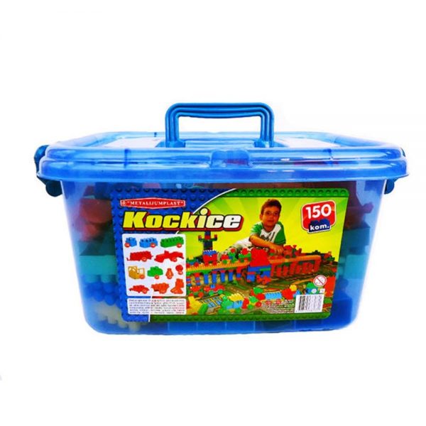 Set kockica za slaganje sadrži 150 delova namenjenih pravljenju različitih oblika i konstrukcija.