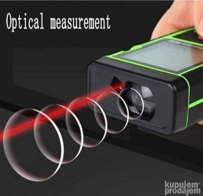 Uređaj za lasersko merenje sa LCD displejem i pozadinskim osvetljenjem.