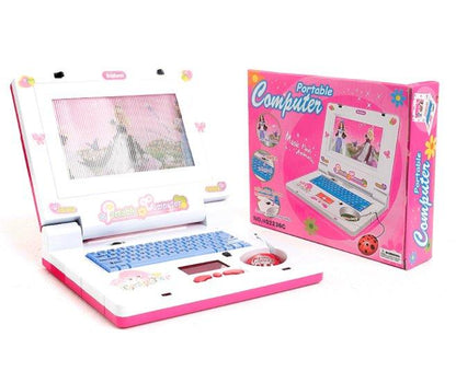 Na slici je roze muzička igračka u obliku laptopa, geometrijskog izgleda.