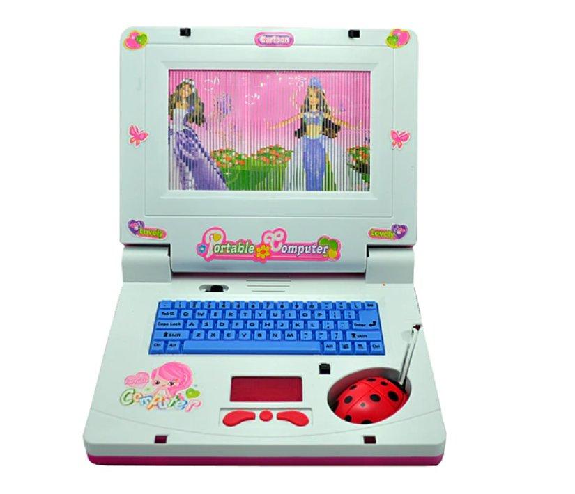 Muzički laptop-igračka roze je boje i ima geometrijski izgled.