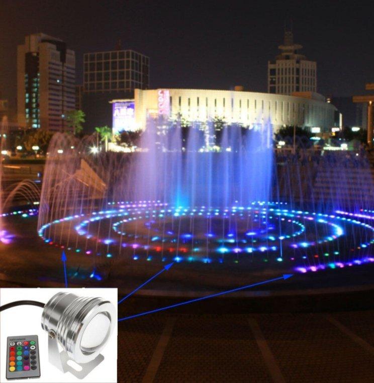 Na slici se vidi lampa namenjena promenljivom svetlu u fontani ili bazenu.