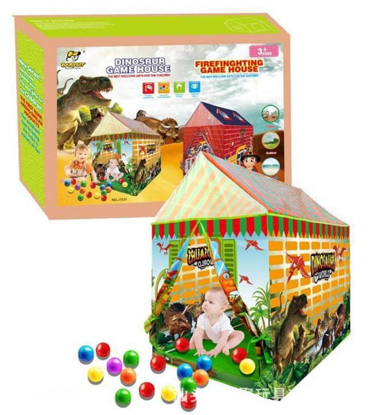 Dečji šator sa motivom dinosaurusa prikazan kao prostor za igru.