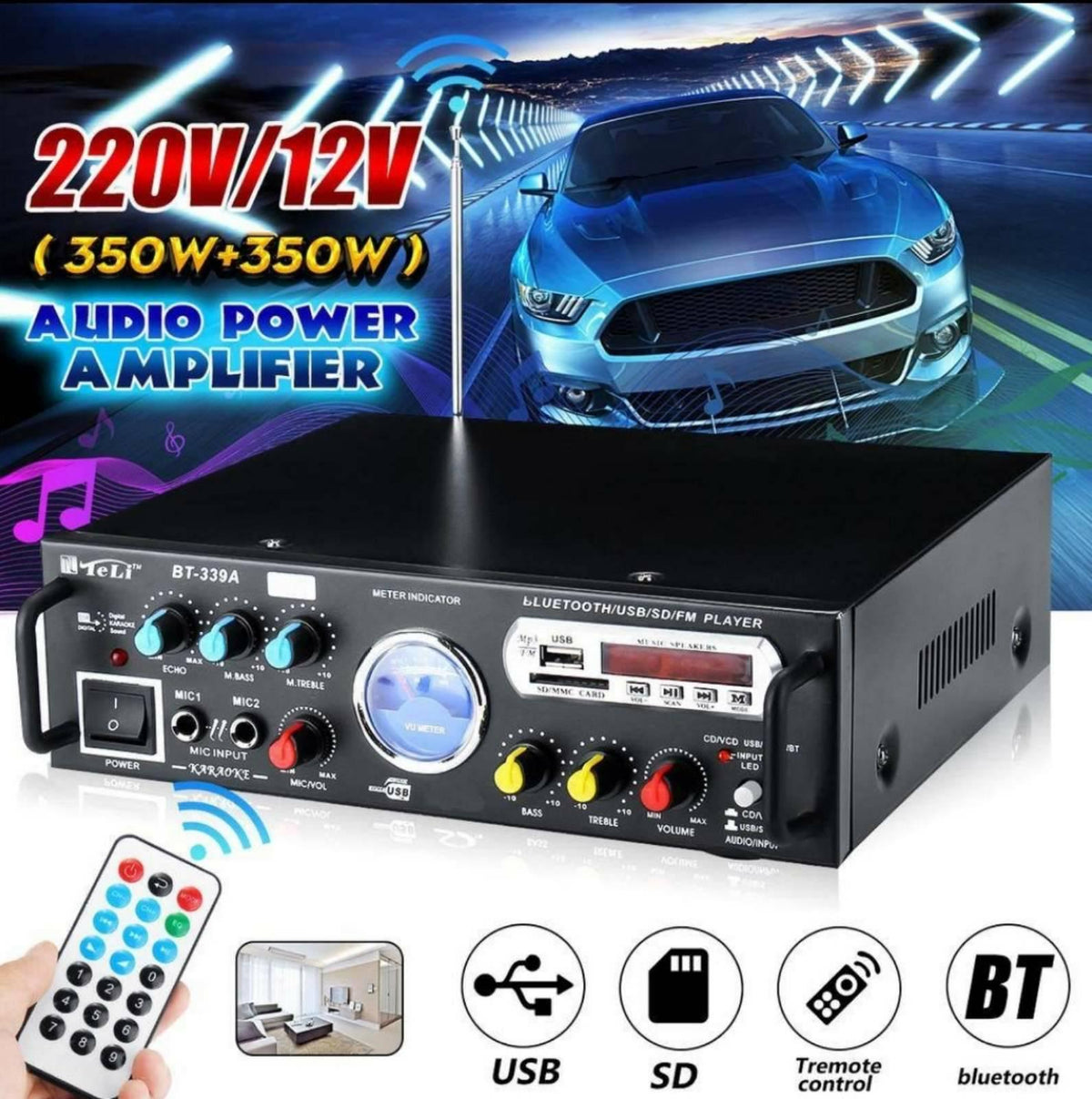 Stereo audio pojačalo BT-339A za reprodukciju muzike.