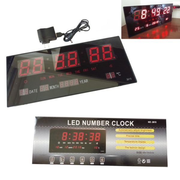Zidni LED digitalni sat sa prikazom vremena, kalendara i temperature.