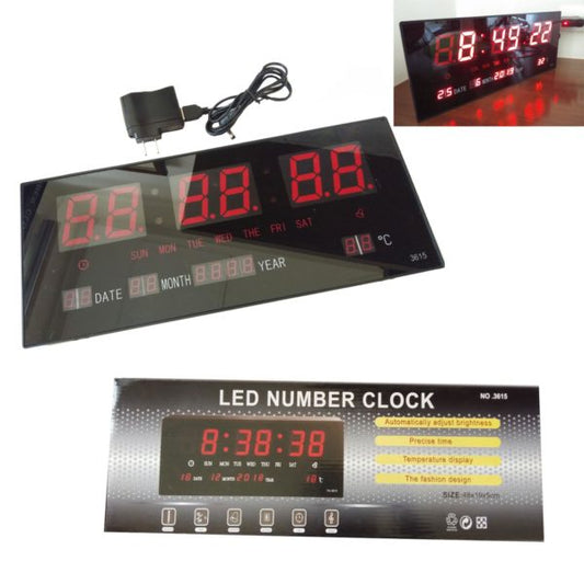 Zidni LED digitalni sat sa prikazom vremena, kalendara i temperature.