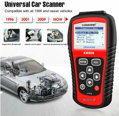 Auto dijagnostički skener Konnwei KW808 za proveru OBDII sistema vozila.