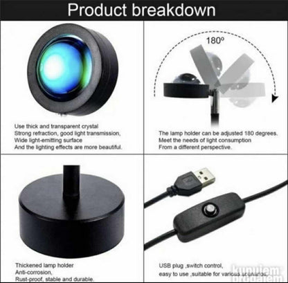 Kružna svetlosna projekcija zalaska sunca koju stvara stona lampa.
