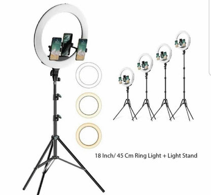 LED prstenasta lampa sa tri nosača za telefon i stativom visine 210 cm.