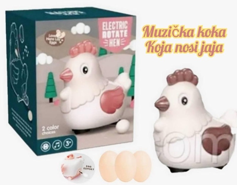 Igračka u obliku koke prikazana sa jajima.