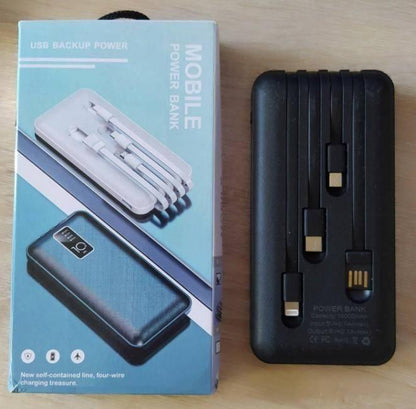 Prikazan je powerbank sa četiri kabla.