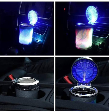 Otvorena auto pepeljara sa uključenim LED svetlom.