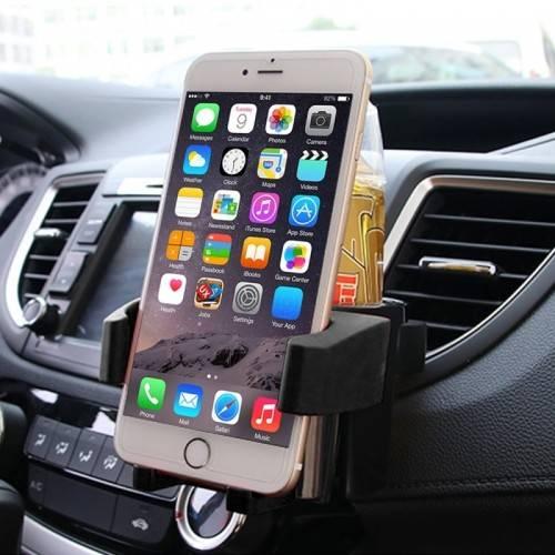 Držač za automobil za telefon i flašicu, namenjen postavljanju na otvor za vazduh.