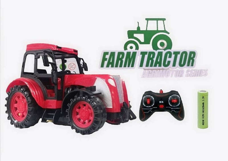 Crveni traktor na daljinsko upravljanje prikazan kao igračka.