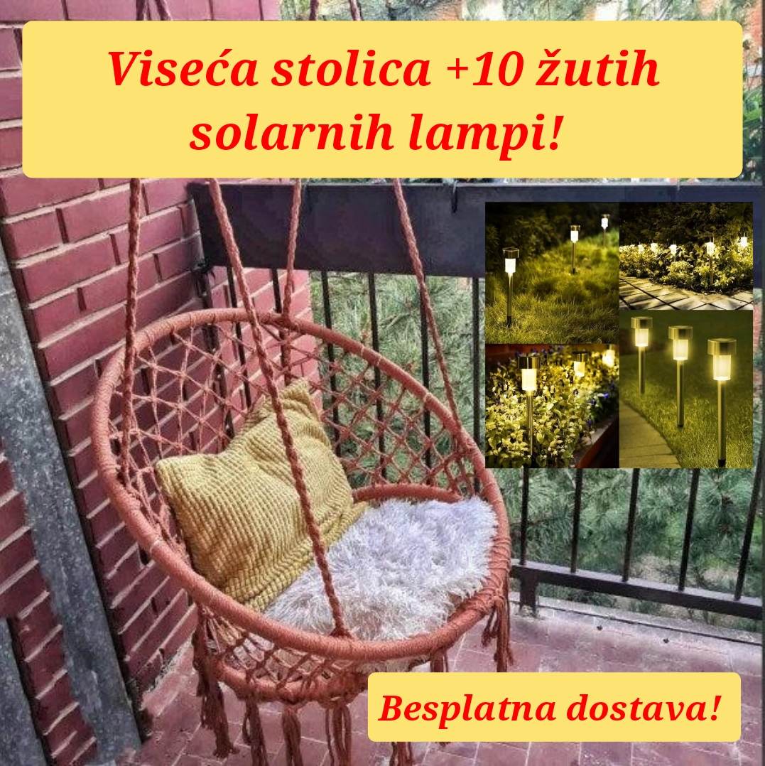 Pogled na viseću stolicu od pamuka i metala.
