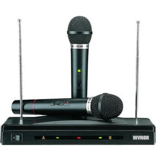 Karaoke set sa dva bežična mikrofona i dvokanalnim prijemnikom.