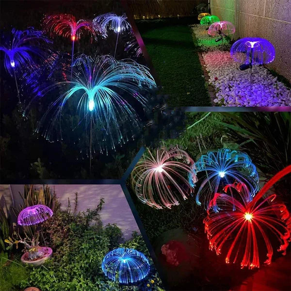 Dve solarne lampe meduze namenjene dekoraciji bašte, terase ili staze.