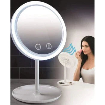 Kozmetičko ogledalo sa LED svetlom, ugrađenim ventilatorom i dodatnim ogledalom za uveličanje.