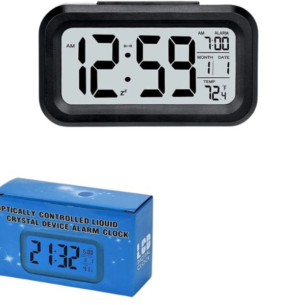 LCD budilnik sa izborom prikaza vremena u 12-časovnom ili 24-časovnom formatu.