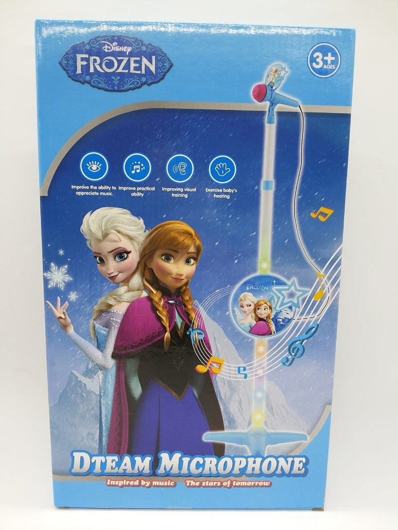 Dečiji mikrofon sa stalkom i Frozen motivom prikazan kao igračka.