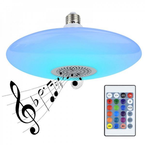 Na slici je RGB LED sijalica sa Bluetooth zvučnikom i grlom E27.