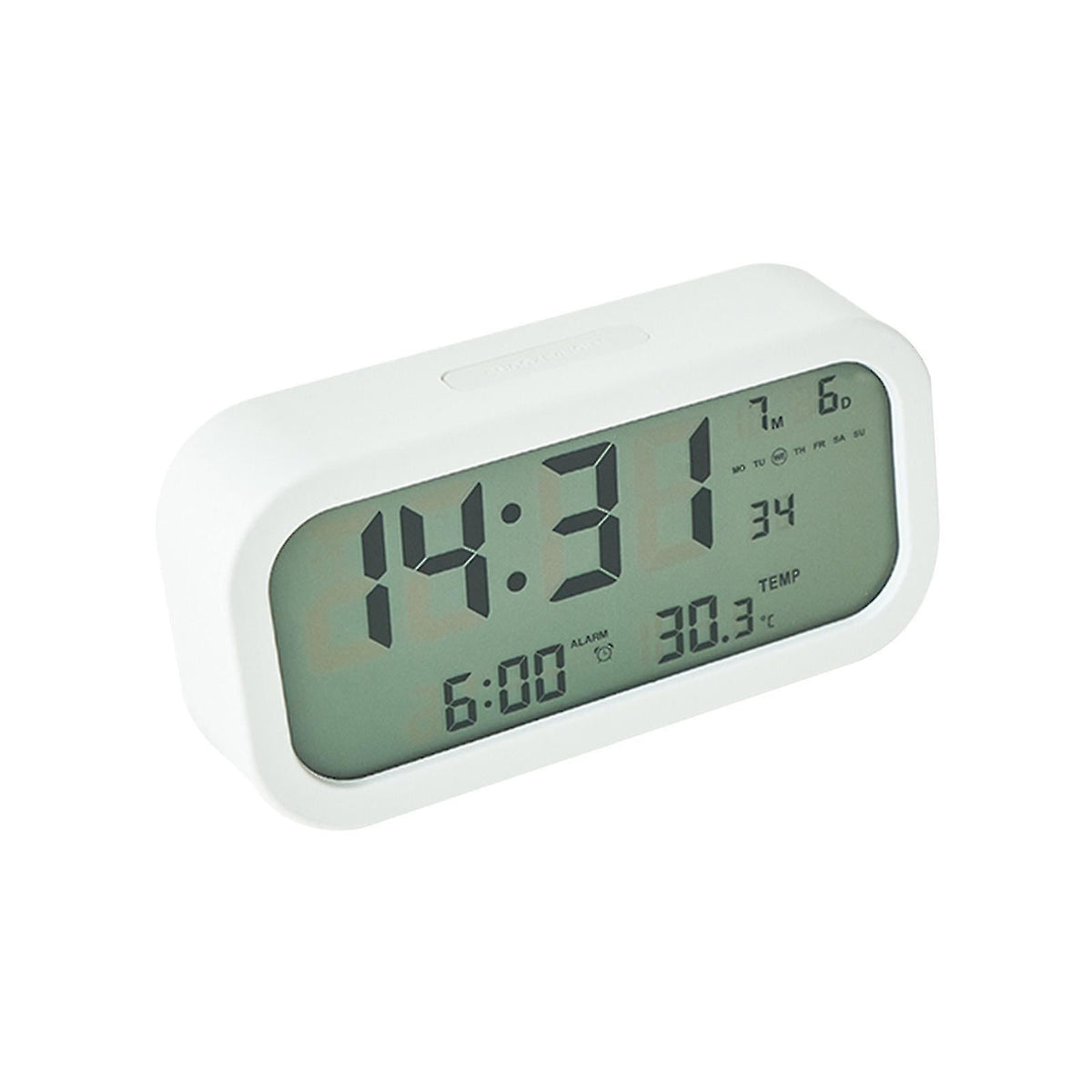 Beli elektronski digitalni sat sa LCD ekranom i funkcijom alarma.