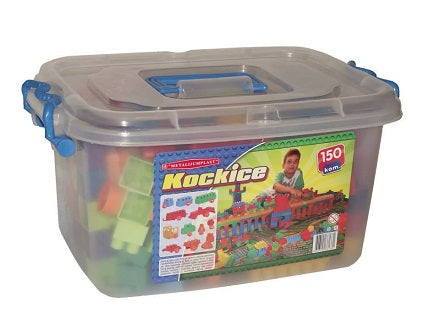 Kocke za slaganje u različitim bojama uz kutiju za odlaganje.