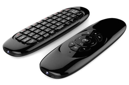 Air mouse sa bežičnom tastaturom raspoređenom na jednoj strani.