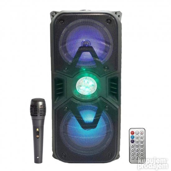 Crni Bluetooth zvučnik sa mikrofonom i daljinskim upravljačem.