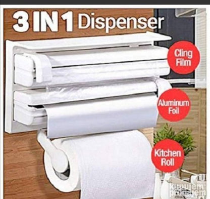 Plastični zidni organizator sa tri mesta za kuhinjske rolne i ubrus.