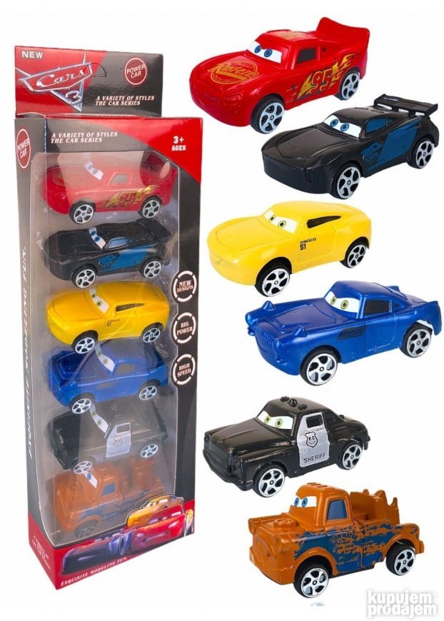 Set Cars sadrži šest plastičnih automobila za igru.