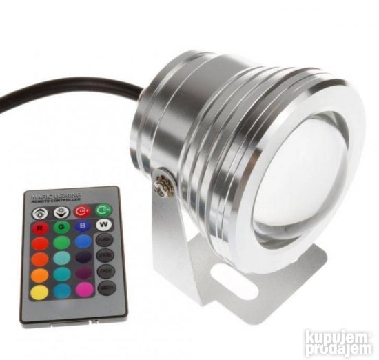 Prikazan je RGB reflektor PRODAVANI snage 10 W sa deklarisanom zaštitom IP67.