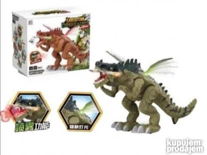 Igračka u obliku robota-dinosaurusa sa crvenim svetlom na ustima.