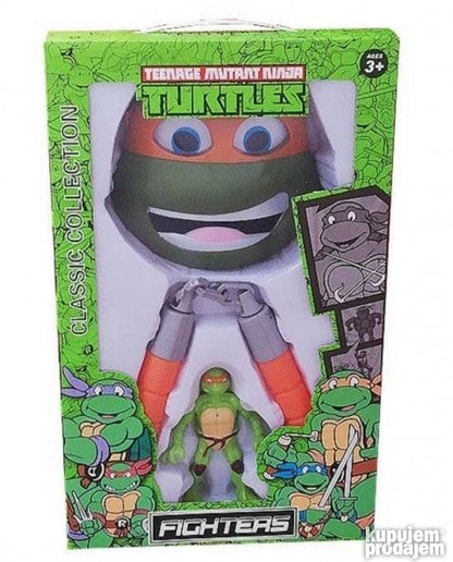 Figura junaka Mikelanđela iz Nindža kornjača prikazana je uz oružje.
