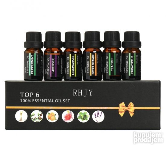 Šest eteričnih ulja različitih mirisa predstavljeno je kao aromaterapijski set.