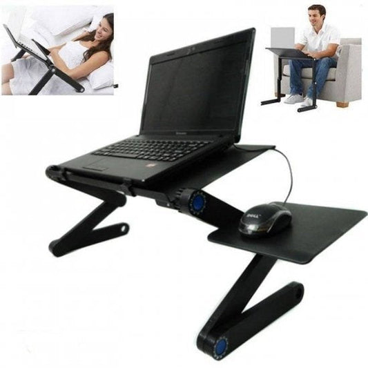 Crni sklopivi sto X8 za laptop prikazan sa podignutom radnom površinom.