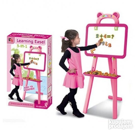Roze tabla za kreativne aktivnosti sa magnetnim slovima, brojevima i matematičkim znacima, kredama i sunđerom.