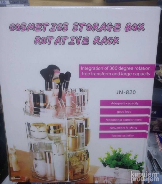 Organizator za šminku sa rotirajućim mehanizmom prikazan je kao mesto za odlaganje kozmetike.