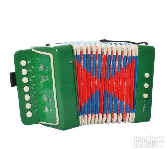 Slika prikazuje dečiju harmoniku koja emituje zvuke prave harmonike.