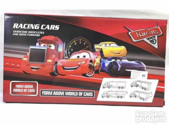 Tri automobila i kamion čine komplet za trkačku igru.