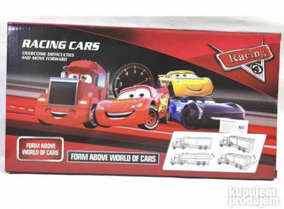 Tri automobila i kamion čine komplet za trkačku igru.