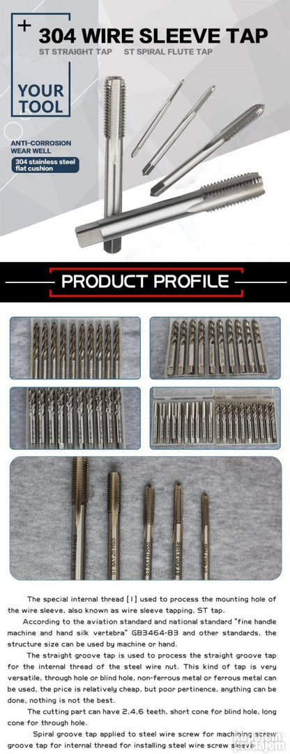 Prikazan je set sa oznakama dimenzija od M5×08 do M12×175.