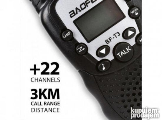 Radio-stanica Baofeng BF-T3 uz štipaljku za nošenje.