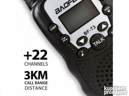 Radio-stanica Baofeng BF-T3 uz štipaljku za nošenje.