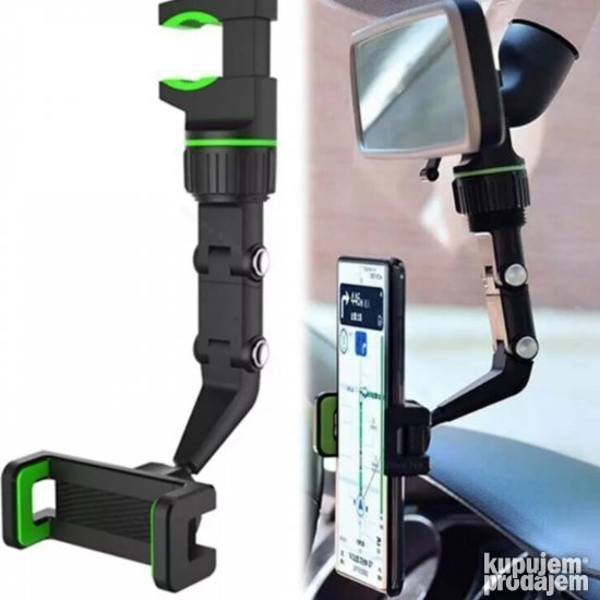 Auto držač za telefon koji se postavlja kraj unutrašnjeg retrovizora.