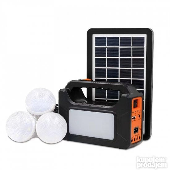 Solarni komplet za kampovanje sa panelom, akumulatorom i tri LED sijalice.