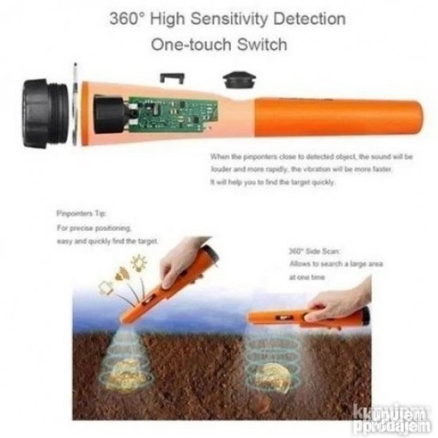 Detektor metala sa senzorom za pretragu u opsegu od 360 stepeni.