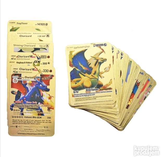 Prikaz karata sa Pokémon tematikom i zlatnim izgledom.