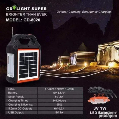 Solarni sistem sa Bluetooth zvučnikom i priključcima za punjenje uređaja.
